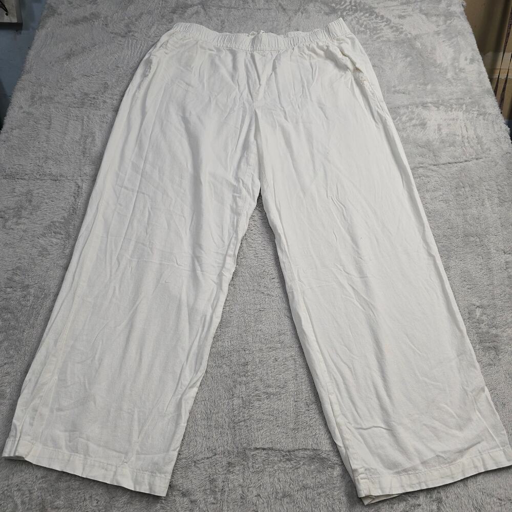 Women's High Rise Wide Leg Linen Blend Pants XL Tall White Pull On Beach Resort